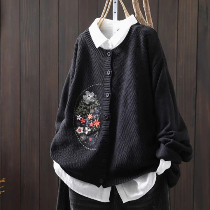 Cardigan lavorato a maglia a maniche lunghe in cotone con bottoni ricamati floreali con Buddha Stones da donna - Nero - US4, UK/AU8, EU36-38 (F) - image 24