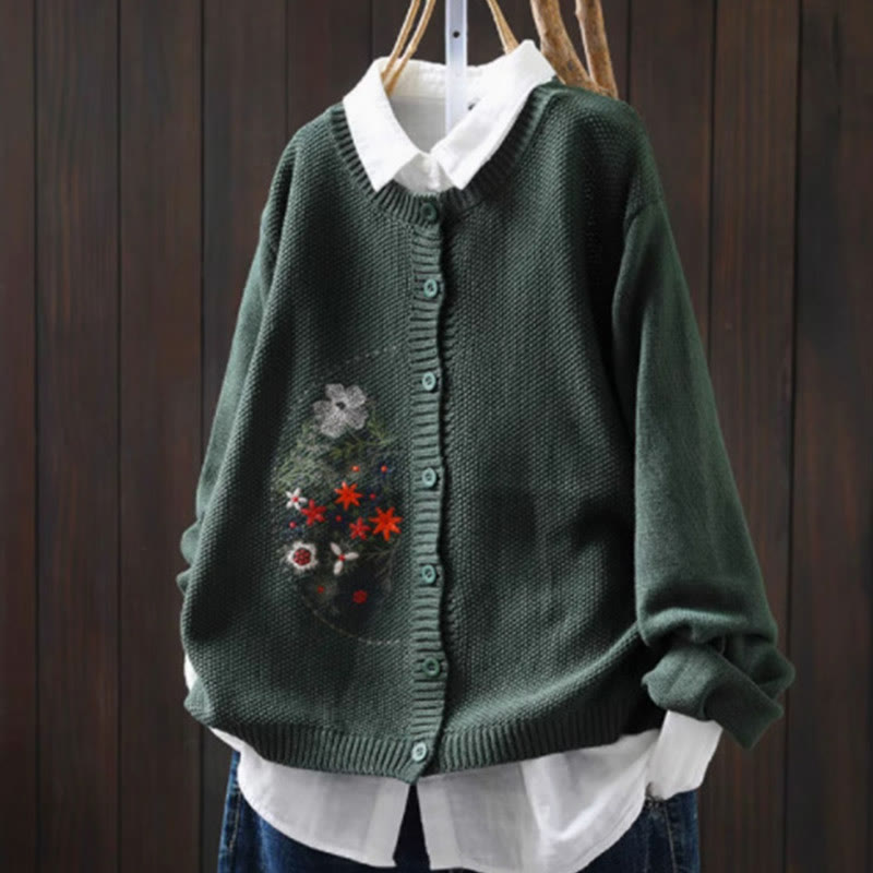 Cardigan lavorato a maglia a maniche lunghe in cotone con bottoni ricamati floreali con Buddha Stones da donna - Verde mare - US4, UK/AU8, EU36-38 (F) - image 22