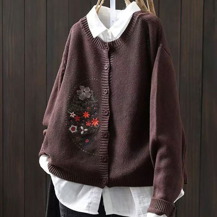 Cardigan lavorato a maglia a maniche lunghe in cotone con bottoni ricamati floreali con Buddha Stones da donna - Marrone sella - US4, UK/AU8, EU36-38 (F) - image 16