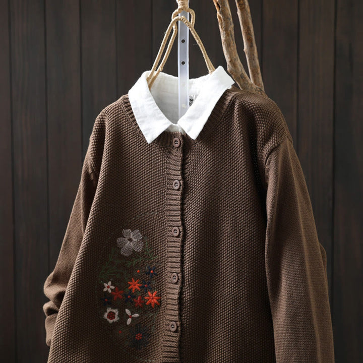 Cardigan lavorato a maglia a maniche lunghe in cotone con bottoni ricamati floreali con Buddha Stones da donna - image 21