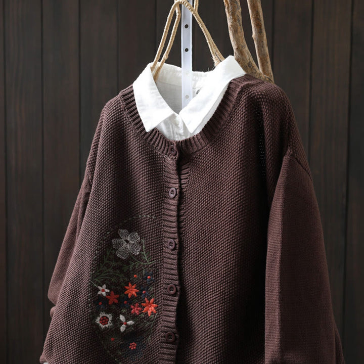 Cardigan lavorato a maglia a maniche lunghe in cotone con bottoni ricamati floreali con Buddha Stones da donna - image 17