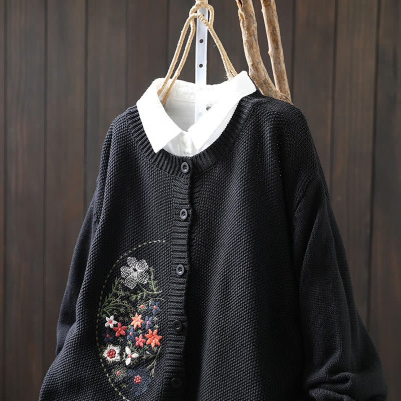 Cardigan lavorato a maglia a maniche lunghe in cotone con bottoni ricamati floreali con Buddha Stones da donna - image 25