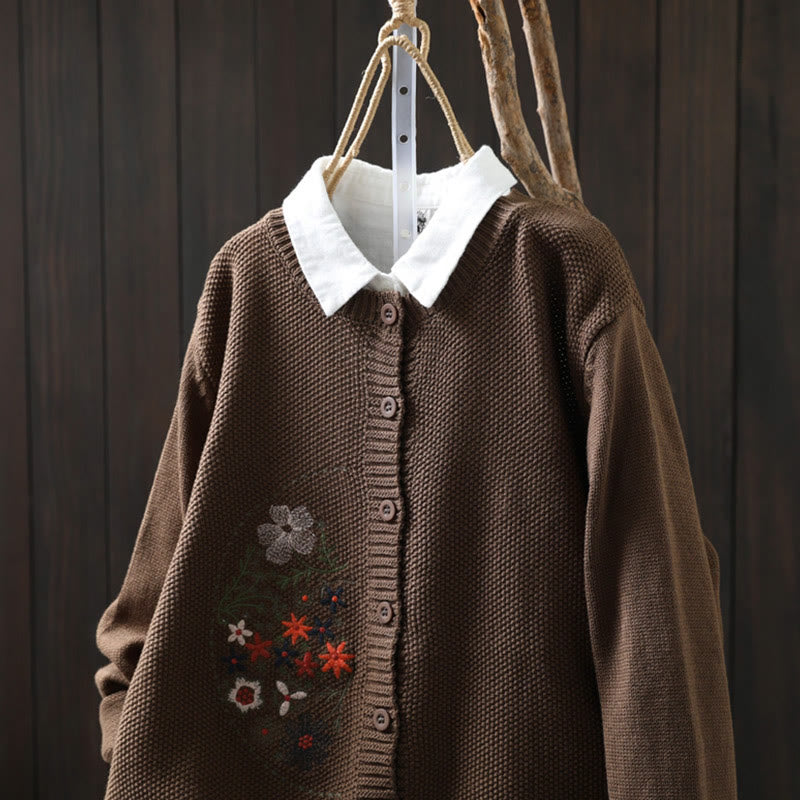 Cardigan lavorato a maglia a maniche lunghe in cotone con bottoni ricamati floreali con Buddha Stones da donna - image 21
