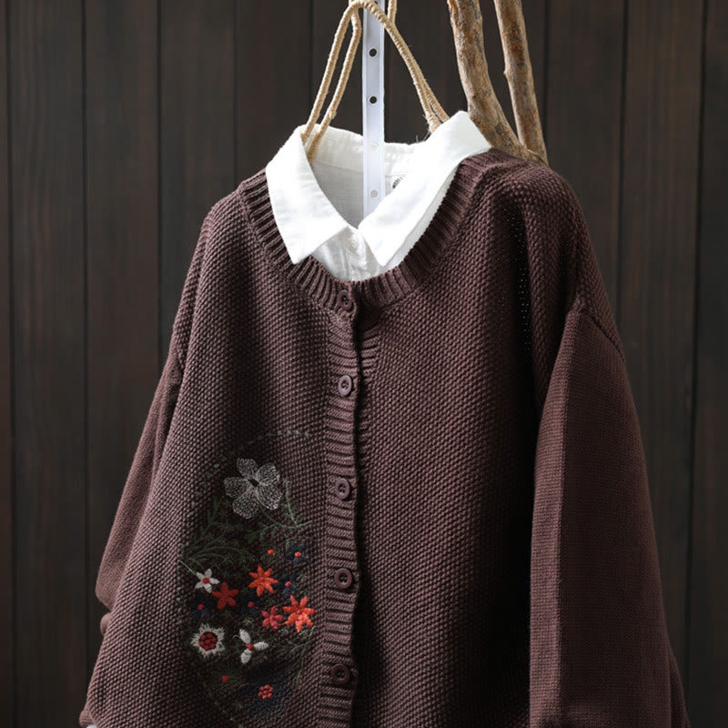 Cardigan lavorato a maglia a maniche lunghe in cotone con bottoni ricamati floreali con Buddha Stones da donna - image 17