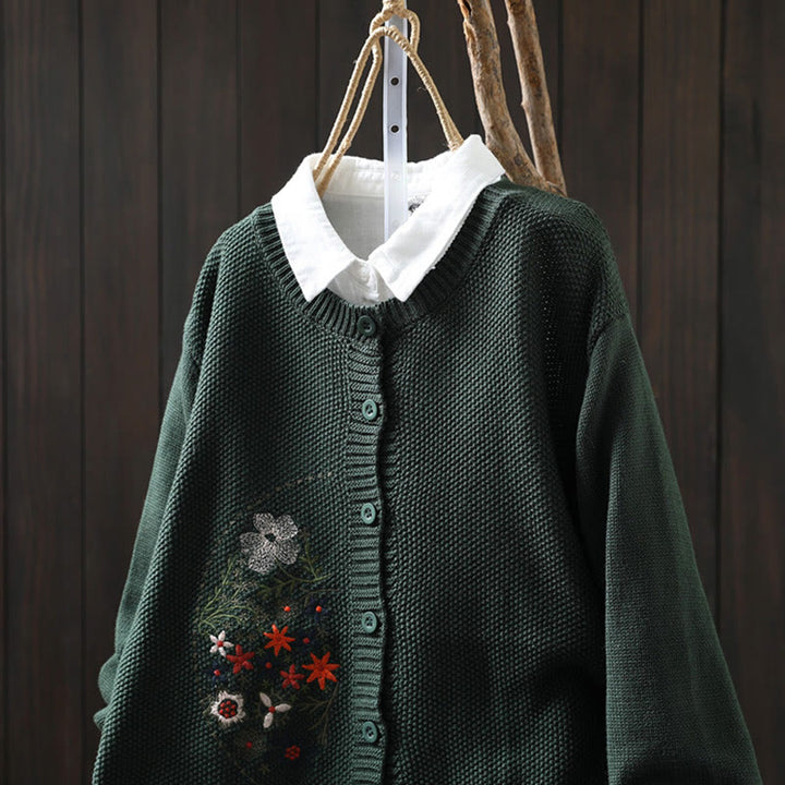 Cardigan lavorato a maglia a maniche lunghe in cotone con bottoni ricamati floreali con Buddha Stones da donna - image 23