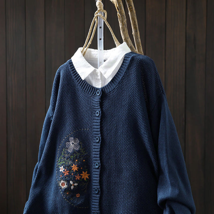 Cardigan lavorato a maglia a maniche lunghe in cotone con bottoni ricamati floreali con Buddha Stones da donna - image 1