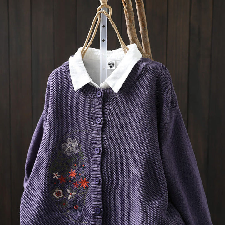 Cardigan lavorato a maglia a maniche lunghe in cotone con bottoni ricamati floreali con Buddha Stones da donna - image 7