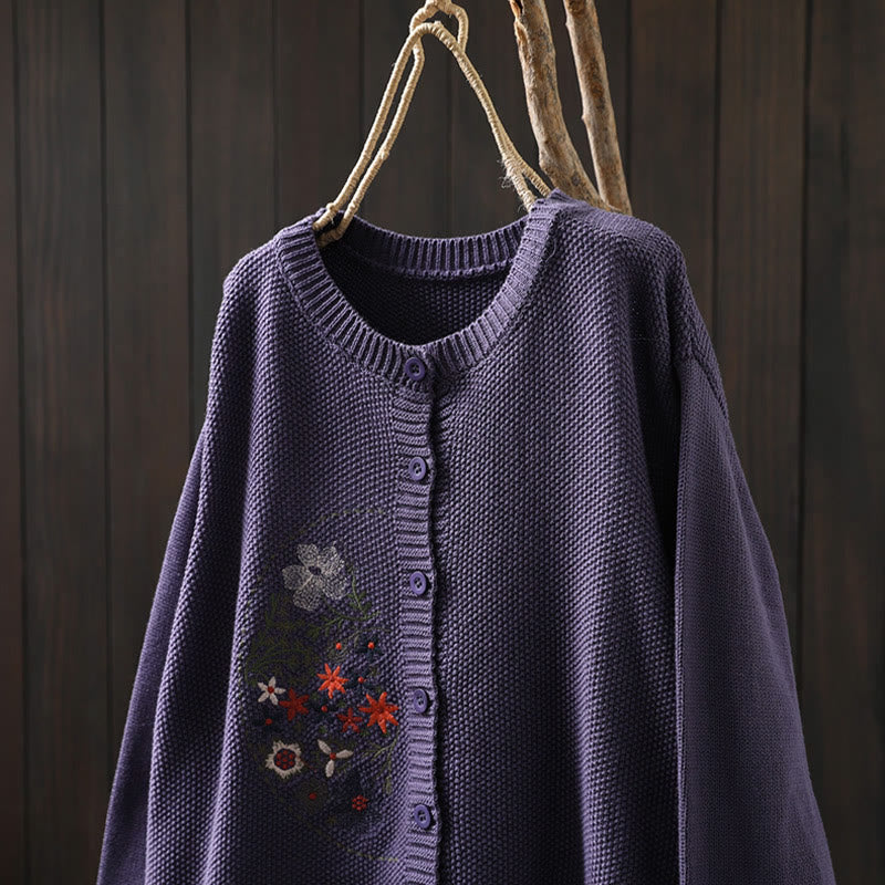 Cardigan lavorato a maglia a maniche lunghe in cotone con bottoni ricamati floreali con Buddha Stones da donna - image 6
