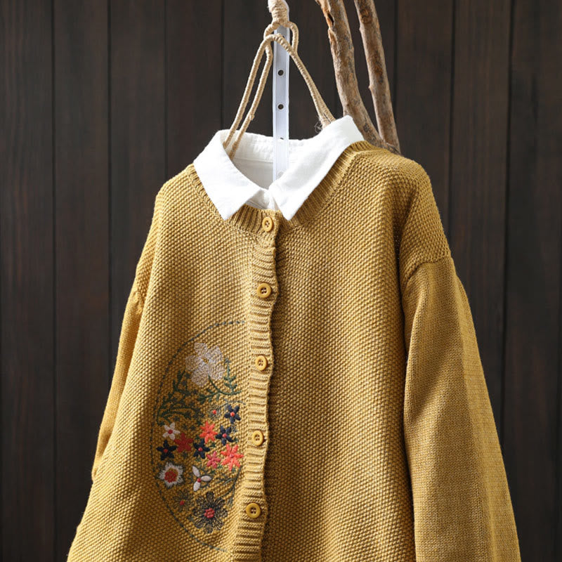 Cardigan lavorato a maglia a maniche lunghe in cotone con bottoni ricamati floreali con Buddha Stones da donna - image 3