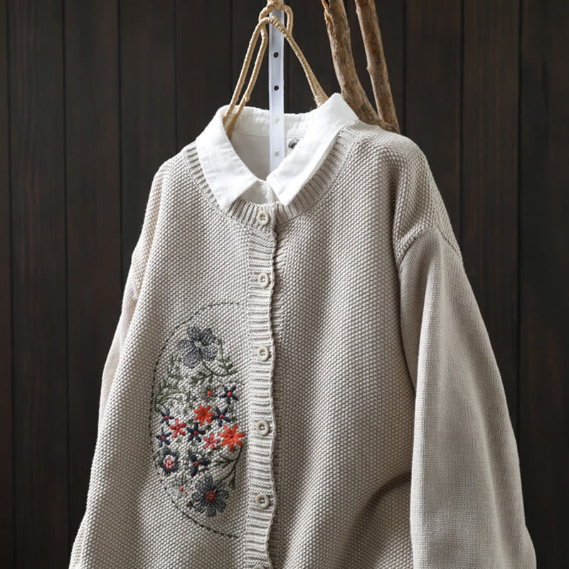 Cardigan lavorato a maglia a maniche lunghe in cotone con bottoni ricamati floreali con Buddha Stones da donna - image 15