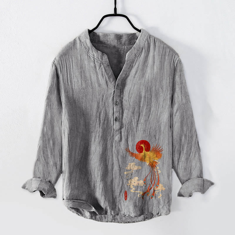 Camicia da uomo in cotone e lino a maniche lunghe con motivo Buddha Stones Phoenix Red Sun Clouds e bottoni a metà - Grigio - US/UK/AU50, EU60 (5XL) - image 0