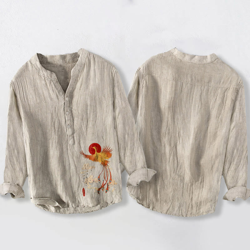 Camicia da uomo in cotone e lino a maniche lunghe con motivo Buddha Stones Phoenix Red Sun Clouds e bottoni a metà - image 5