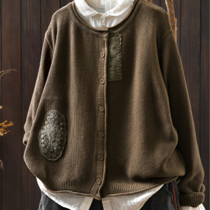 Cardigan lavorato a maglia a maniche lunghe in cotone con bottoni floreali autunnali Buddha Stones da donna - Perù - US4， UK/AU8，EU36-38 (F) - image 3