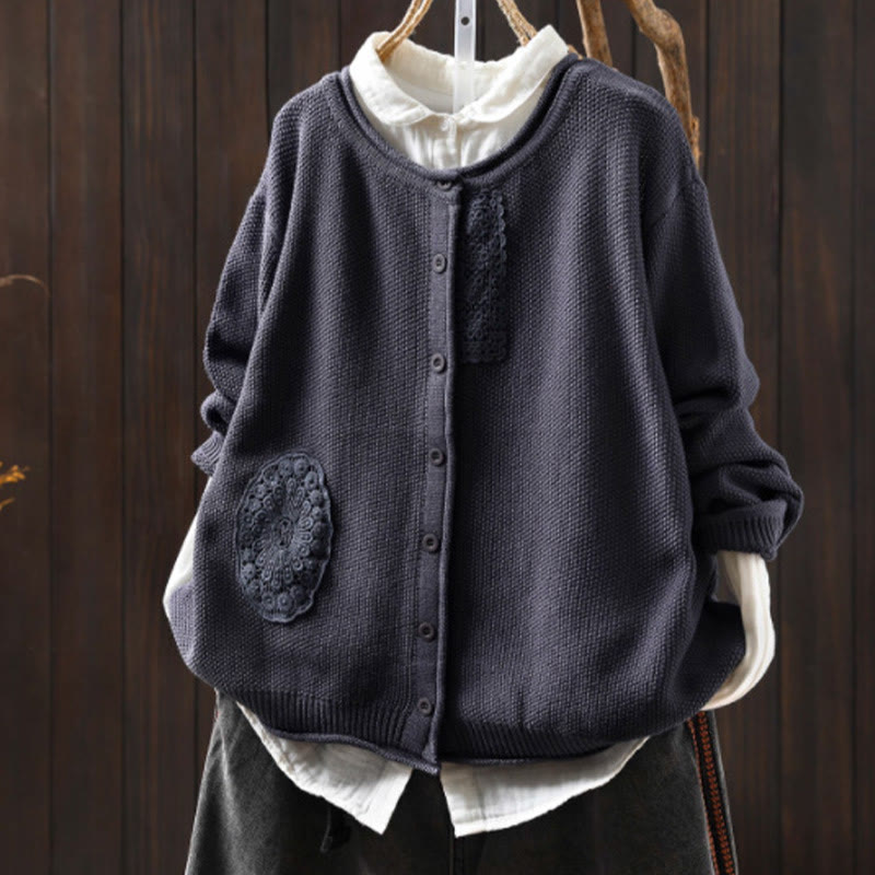 Cardigan lavorato a maglia a maniche lunghe in cotone con bottoni floreali autunnali Buddha Stones da donna - Grigio ardesia - US4, UK/AU8, EU36-38 (F) - image 25