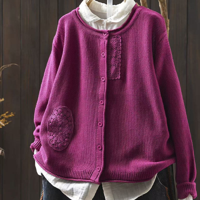 Cardigan lavorato a maglia a maniche lunghe in cotone con bottoni floreali autunnali Buddha Stones da donna - Rosso viola medio - US4, UK/AU8, EU36-38 (F) - image 0
