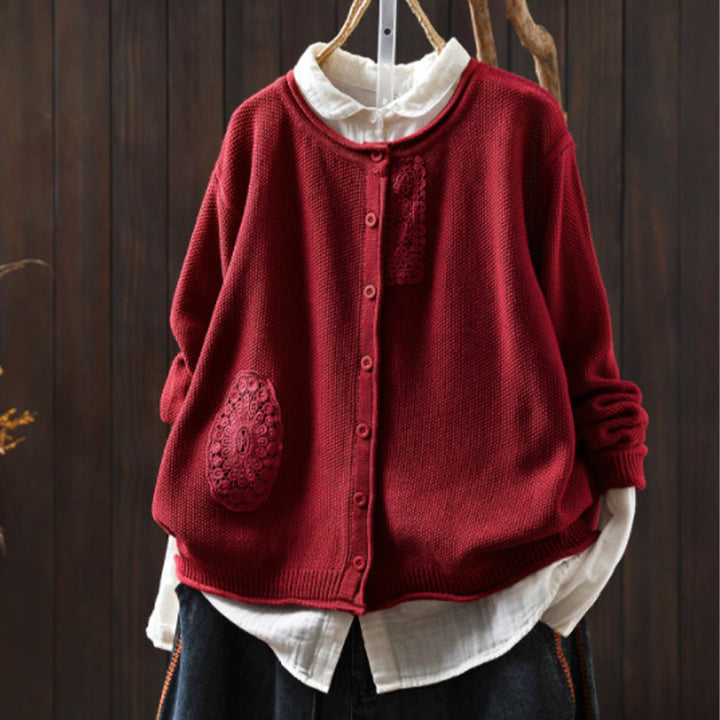 Cardigan lavorato a maglia a maniche lunghe in cotone con bottoni floreali autunnali Buddha Stones da donna - Rosso - US4, UK/AU8, EU36-38 (F) - image 16
