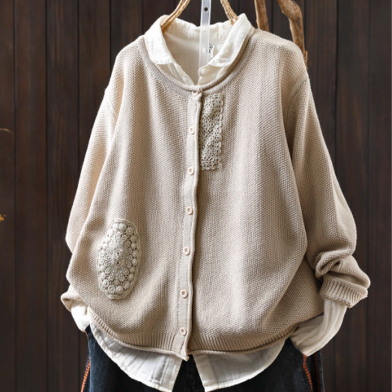 Cardigan lavorato a maglia a maniche lunghe in cotone con bottoni floreali autunnali Buddha Stones da donna - Beige - US4, UK/AU8, EU36-38 (F) - image 19