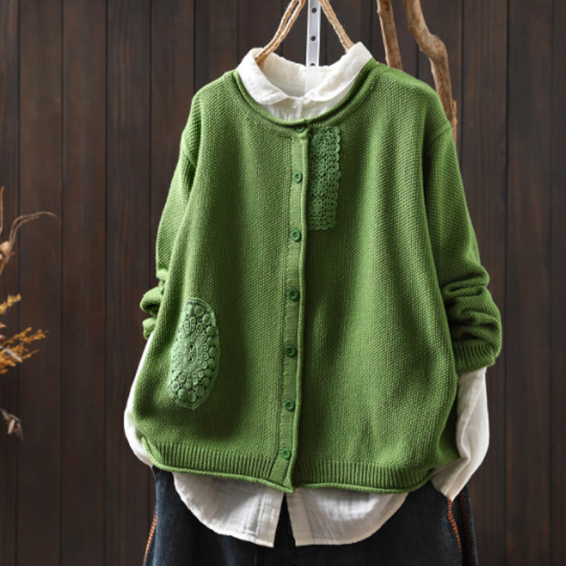 Cardigan lavorato a maglia a maniche lunghe in cotone con bottoni floreali autunnali Buddha Stones da donna - Verde Primavera - US4, UK/AU8, EU36-38 (F) - image 22