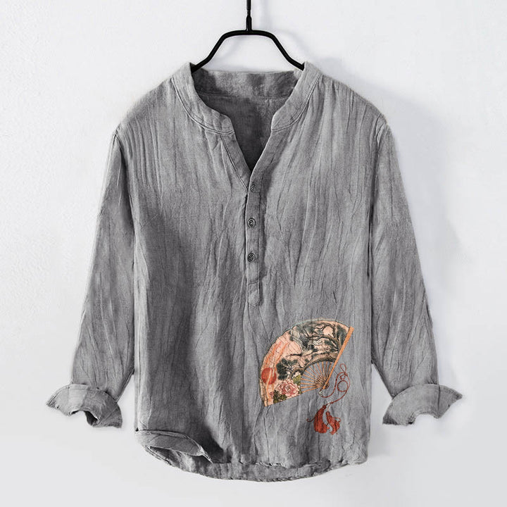 Camicia da uomo in cotone e lino a maniche lunghe con bottoni mezzi, motivo Buddha Stones, Gru, Pino, Peonia, Sole rosso - Grigio - US/UK/AU50, EU60 (5XL) - image 0