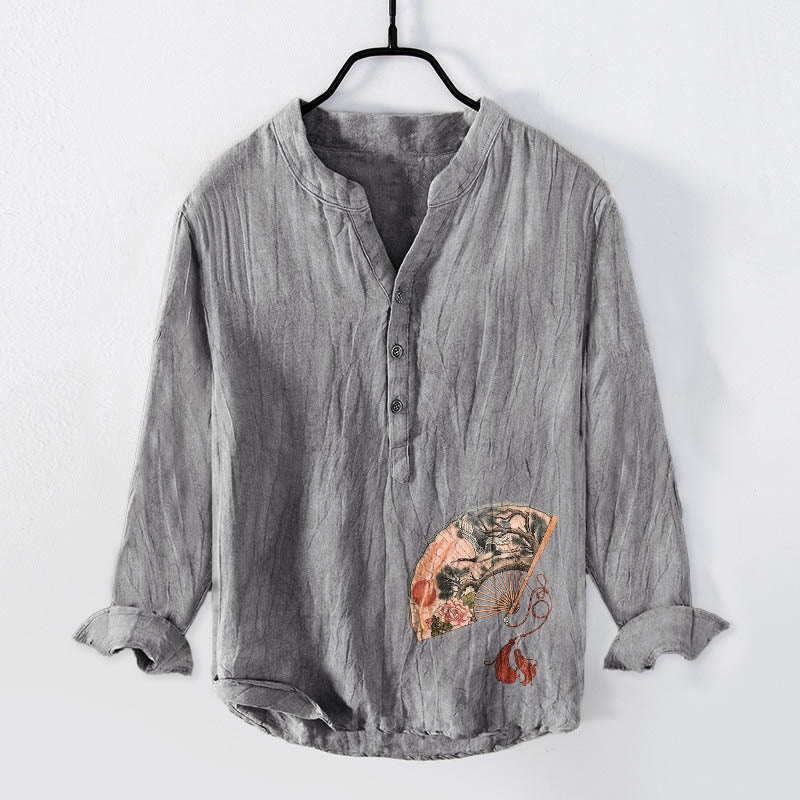 Camicia da uomo in cotone e lino a maniche lunghe con bottoni mezzi, motivo Buddha Stones, Gru, Pino, Peonia, Sole rosso - image 1