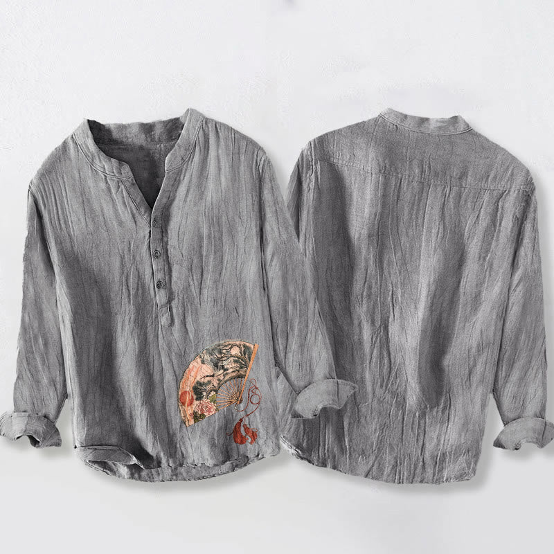 Camicia da uomo in cotone e lino a maniche lunghe con bottoni mezzi, motivo Buddha Stones, Gru, Pino, Peonia, Sole rosso - image 2