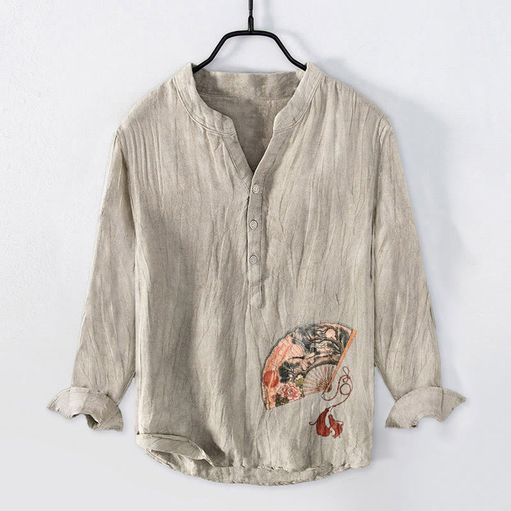 Camicia da uomo in cotone e lino a maniche lunghe con bottoni mezzi, motivo Buddha Stones, Gru, Pino, Peonia, Sole rosso - Biancheria - US/UK/AU50, EU60 (5XL) - image 3