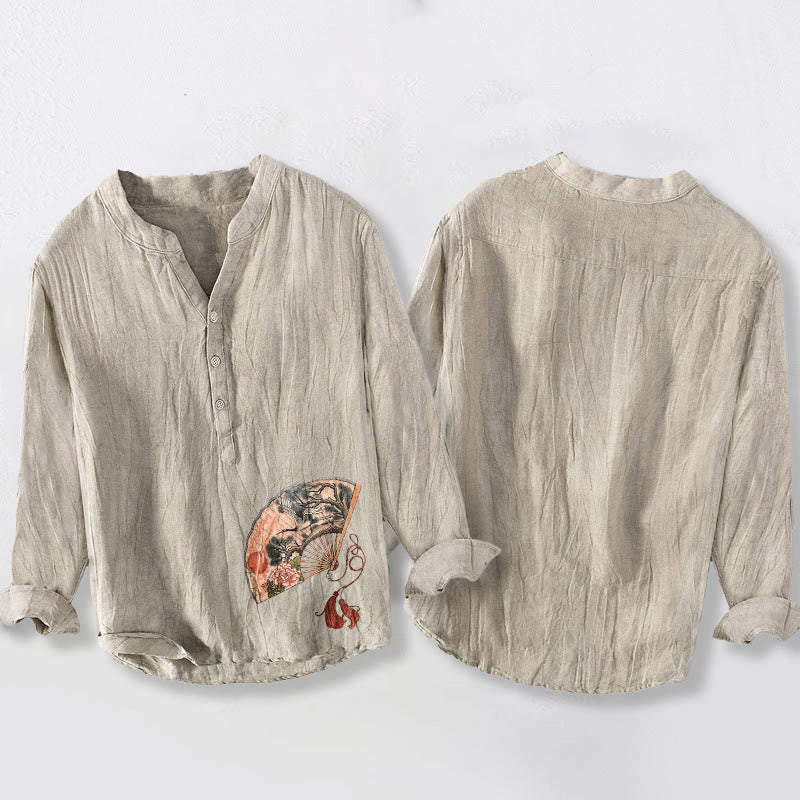 Camicia da uomo in cotone e lino a maniche lunghe con bottoni mezzi, motivo Buddha Stones, Gru, Pino, Peonia, Sole rosso - image 5