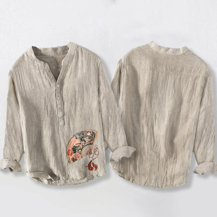 Camicia da uomo in cotone e lino a maniche lunghe con bottoni mezzi, motivo Buddha Stones, Gru, Pino, Peonia, Sole rosso - image 5