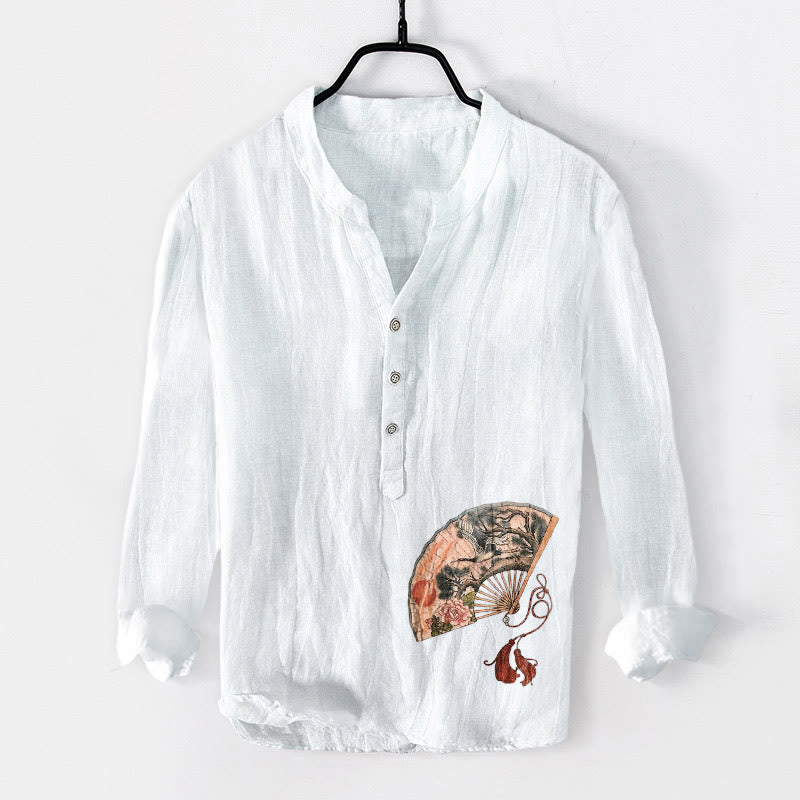 Camicia da uomo in cotone e lino a maniche lunghe con bottoni mezzi, motivo Buddha Stones, Gru, Pino, Peonia, Sole rosso - Bianco - US/UK/AU50, EU60 (5XL) - image 6