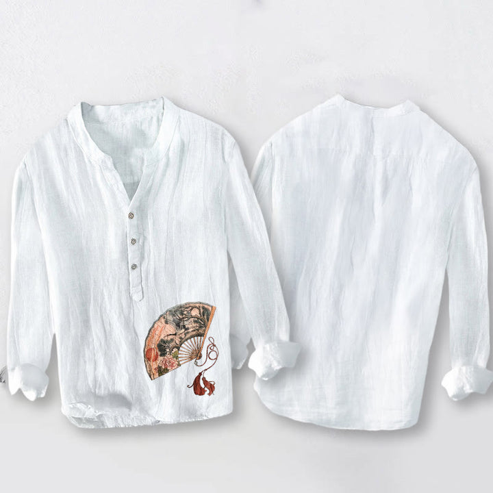 Camicia da uomo in cotone e lino a maniche lunghe con bottoni mezzi, motivo Buddha Stones, Gru, Pino, Peonia, Sole rosso - image 8