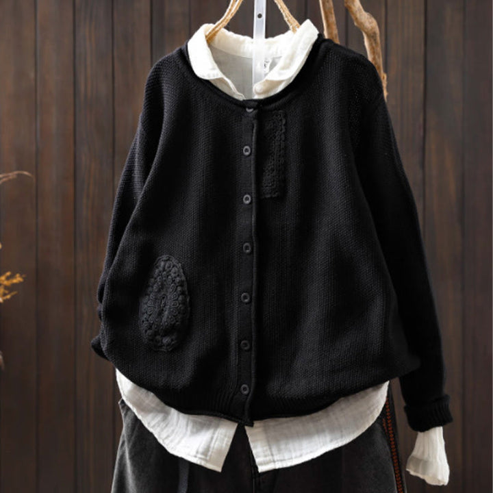 Cardigan lavorato a maglia a maniche lunghe in cotone con bottoni floreali autunnali Buddha Stones da donna - Nero - US4, UK/AU8, EU36-38 (F) - image 28