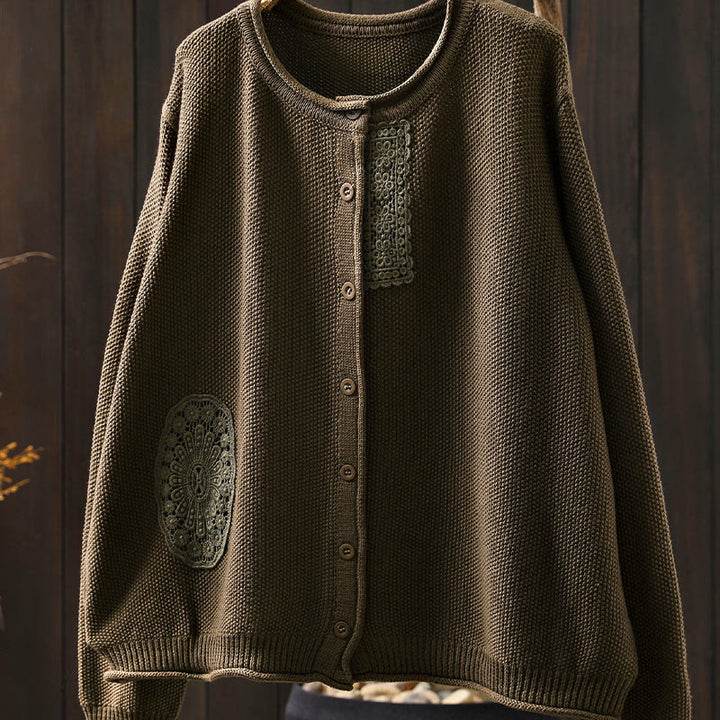 Cardigan lavorato a maglia a maniche lunghe in cotone con bottoni floreali autunnali Buddha Stones da donna - image 5