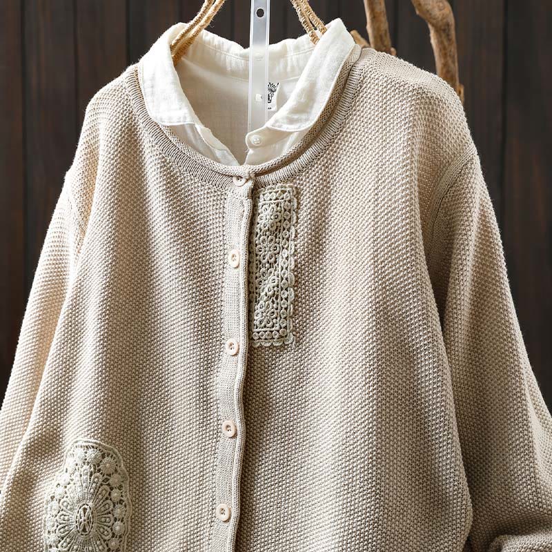 Cardigan lavorato a maglia a maniche lunghe in cotone con bottoni floreali autunnali Buddha Stones da donna - image 20