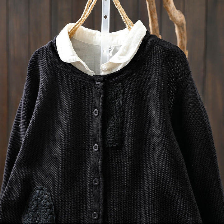 Cardigan lavorato a maglia a maniche lunghe in cotone con bottoni floreali autunnali Buddha Stones da donna - image 29