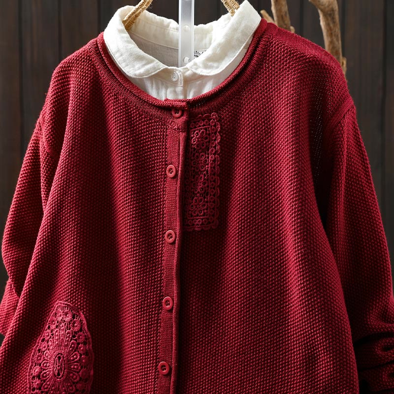 Cardigan lavorato a maglia a maniche lunghe in cotone con bottoni floreali autunnali Buddha Stones da donna - image 17