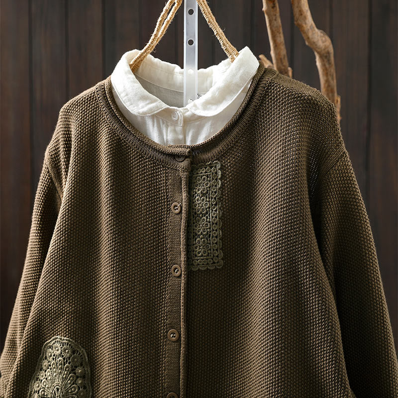 Cardigan lavorato a maglia a maniche lunghe in cotone con bottoni floreali autunnali Buddha Stones da donna - image 6