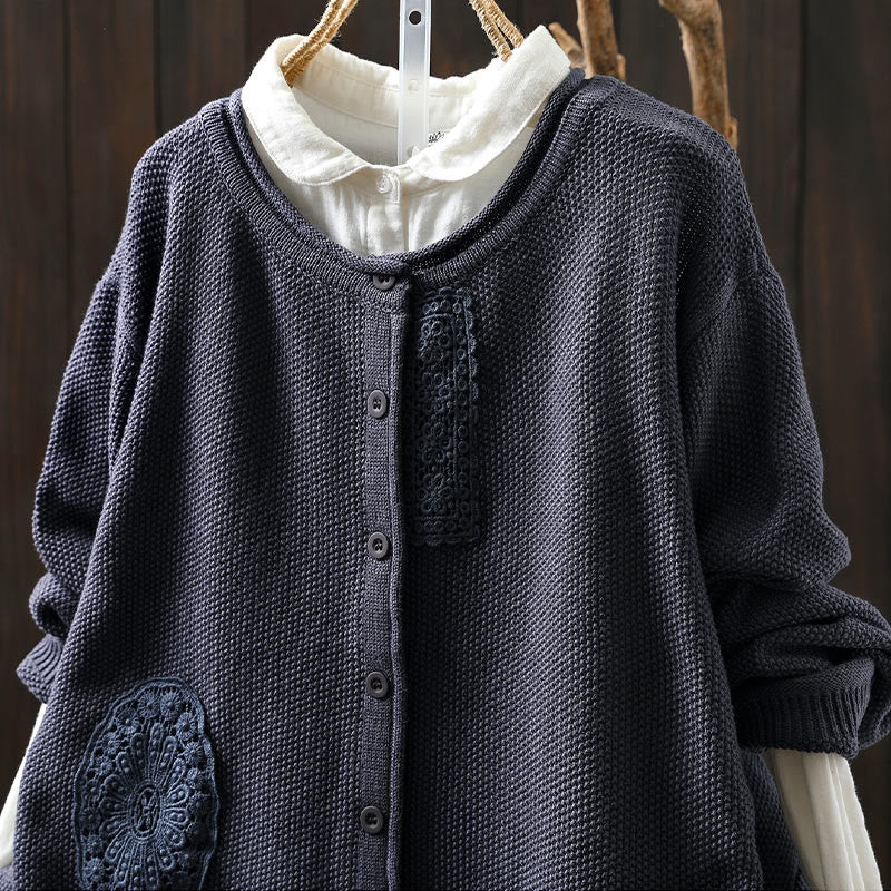 Cardigan lavorato a maglia a maniche lunghe in cotone con bottoni floreali autunnali Buddha Stones da donna - image 26