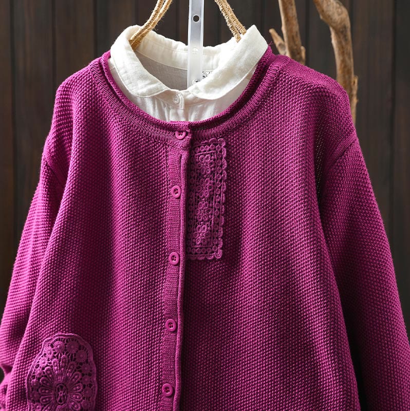Cardigan lavorato a maglia a maniche lunghe in cotone con bottoni floreali autunnali Buddha Stones da donna - image 1