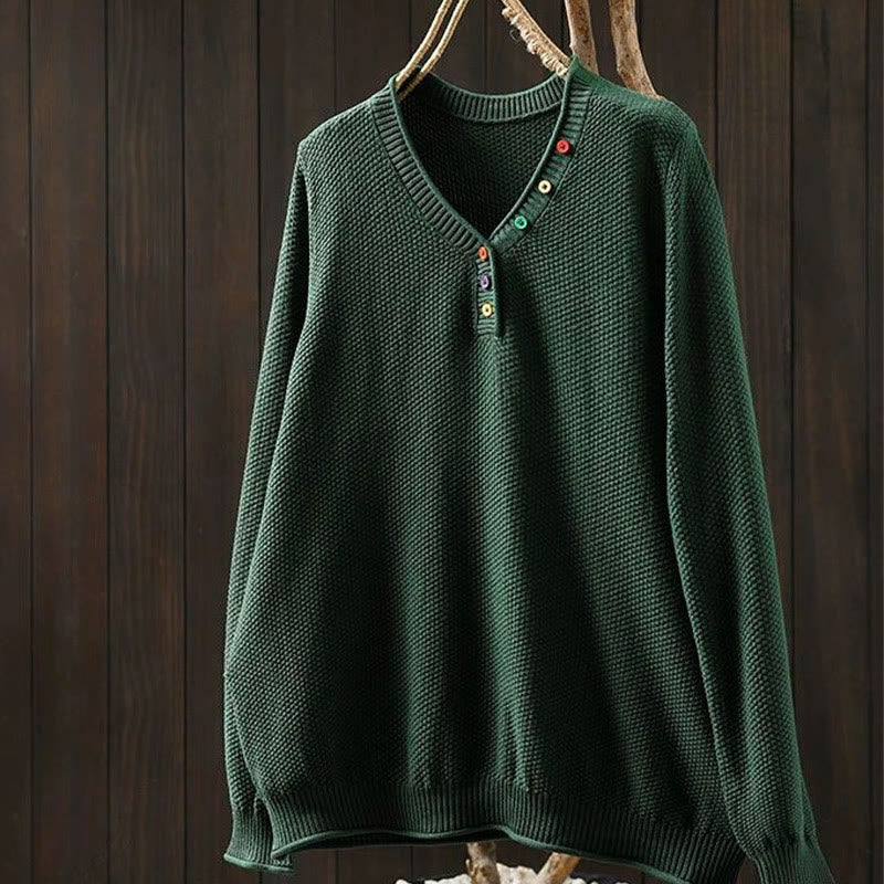 Maglione lavorato a maglia da donna a maniche lunghe in cotone con scollo a V e bottoni colorati, motivo Buddha Stones Fall - SeaGreen - US4， UK/AU8，EU36-38 (F) - image 9