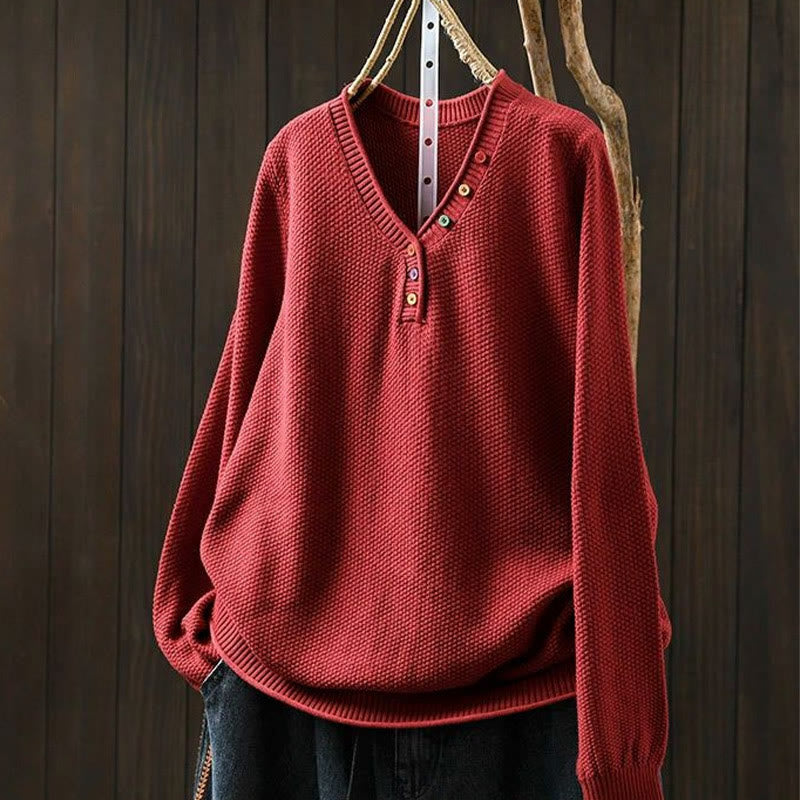 Maglione lavorato a maglia da donna a maniche lunghe in cotone con scollo a V e bottoni colorati, motivo Buddha Stones Fall - Rosso - US4， UK/AU8，EU36-38 (F) - image 13