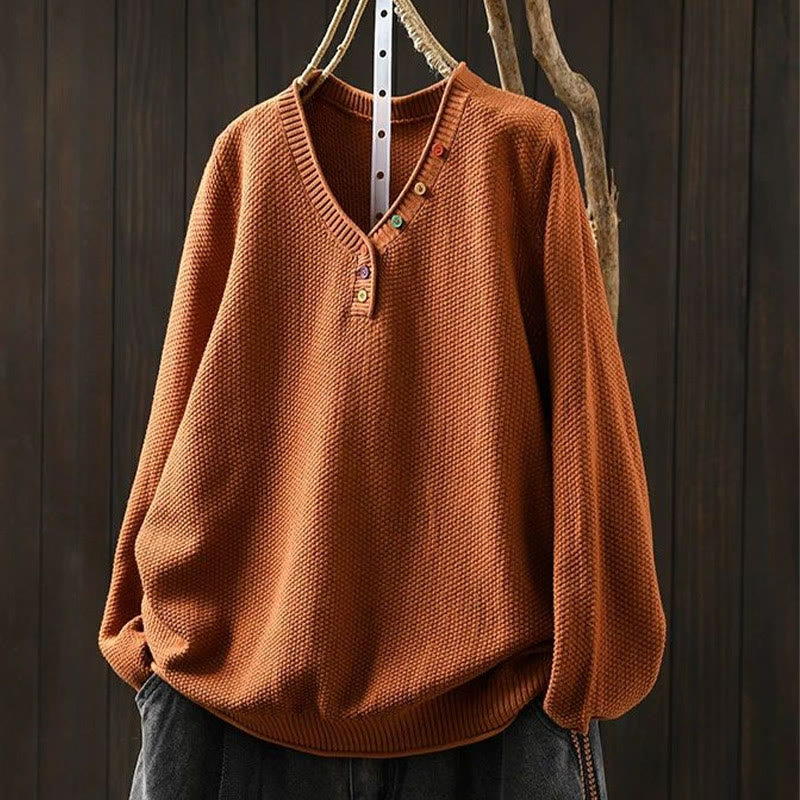 Maglione lavorato a maglia da donna a maniche lunghe in cotone con scollo a V e bottoni colorati, motivo Buddha Stones Fall - Arancione scuro - US4， UK/AU8，EU36-38 (F) - image 7