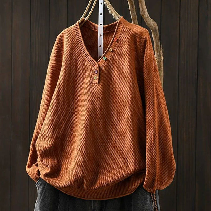 Maglione lavorato a maglia da donna a maniche lunghe in cotone con scollo a V e bottoni colorati, motivo Buddha Stones Fall - Arancione scuro - US4， UK/AU8，EU36-38 (F) - image 7