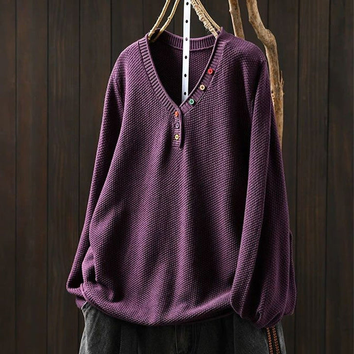 Maglione lavorato a maglia da donna a maniche lunghe in cotone con scollo a V e bottoni colorati, motivo Buddha Stones Fall - Viola - US4， UK/AU8，EU36-38 (F) - image 11