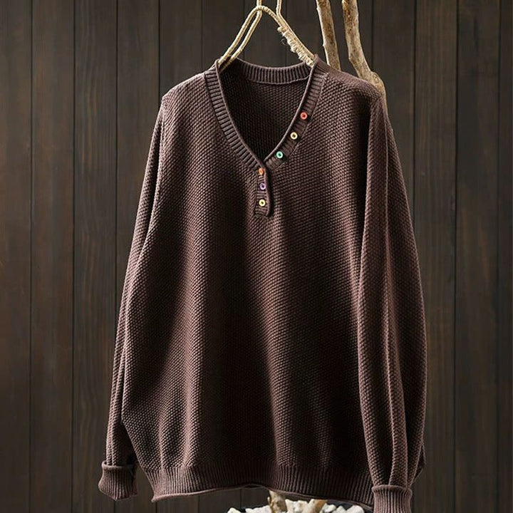 Maglione lavorato a maglia da donna a maniche lunghe in cotone con scollo a V e bottoni colorati, motivo Buddha Stones Fall - Marrone sella - US4， UK/AU8，EU36-38 (F) - image 18