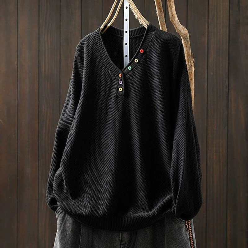 Maglione lavorato a maglia da donna a maniche lunghe in cotone con scollo a V e bottoni colorati, motivo Buddha Stones Fall - Nero - US4， UK/AU8，EU36-38 (F) - image 19