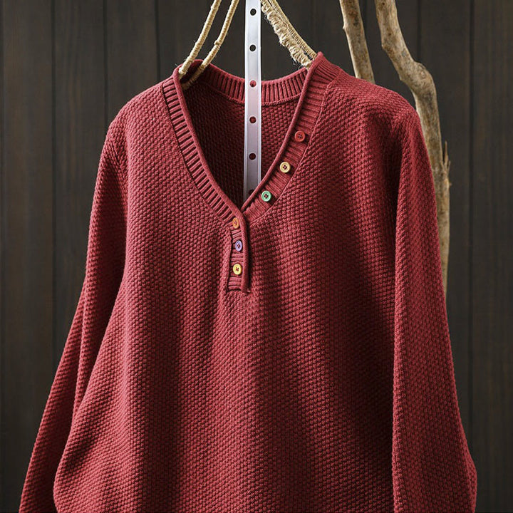 Maglione lavorato a maglia da donna a maniche lunghe in cotone con scollo a V e bottoni colorati, motivo Buddha Stones Fall - image 14