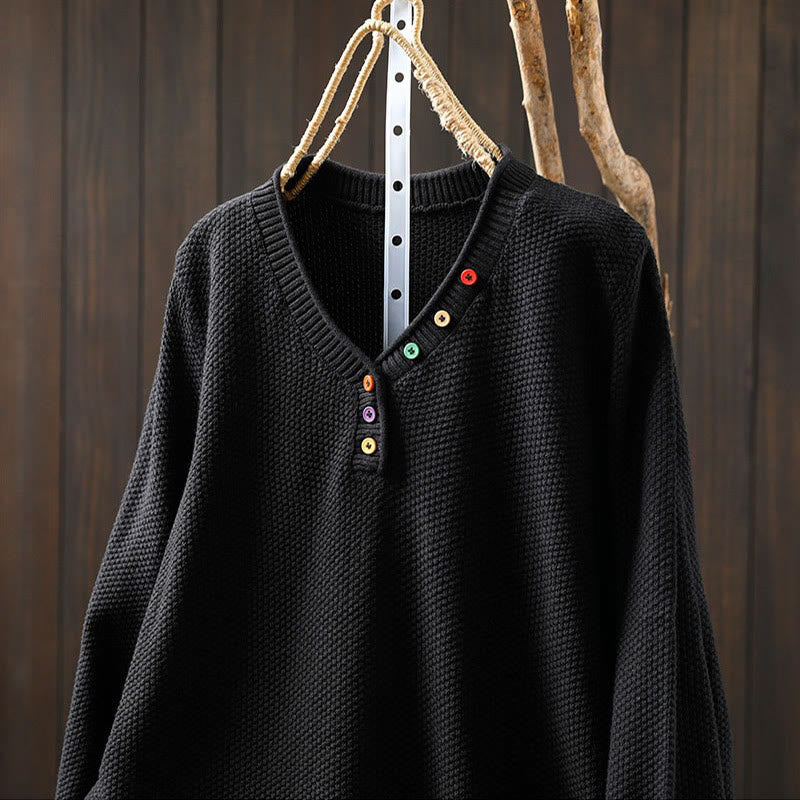 Maglione lavorato a maglia da donna a maniche lunghe in cotone con scollo a V e bottoni colorati, motivo Buddha Stones Fall - image 20