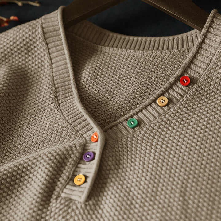 Maglione lavorato a maglia da donna a maniche lunghe in cotone con scollo a V e bottoni colorati, motivo Buddha Stones Fall - image 3