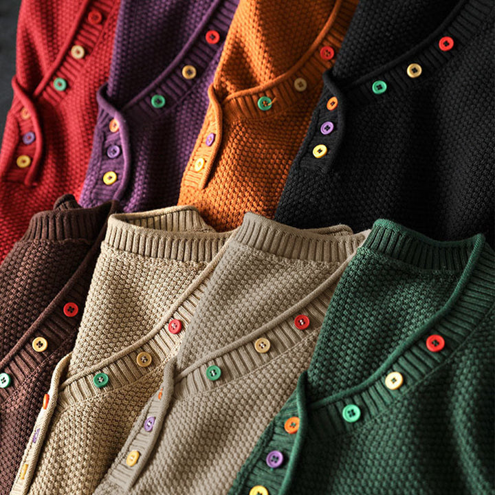 Maglione lavorato a maglia da donna a maniche lunghe in cotone con scollo a V e bottoni colorati, motivo Buddha Stones Fall - image 21