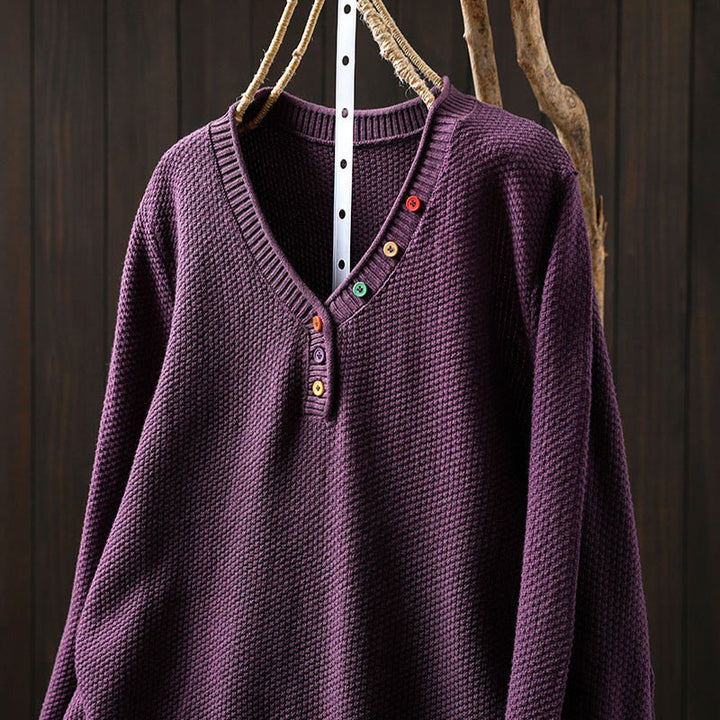 Maglione lavorato a maglia da donna a maniche lunghe in cotone con scollo a V e bottoni colorati, motivo Buddha Stones Fall - image 12